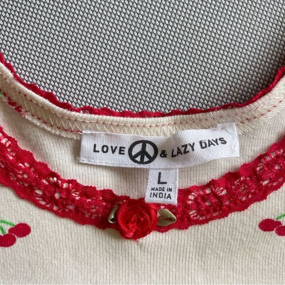 Love & Lazy Days Lacy Ruffled Cherry Crop Tank Top Women’s Size Large - Picture 5 of 6